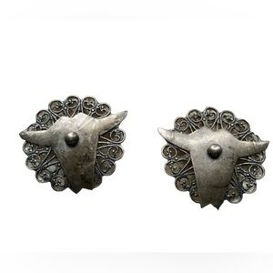 Vintage Longhorn Steer Silver Metal Clip On Earrings Woman’s Jewelry Western